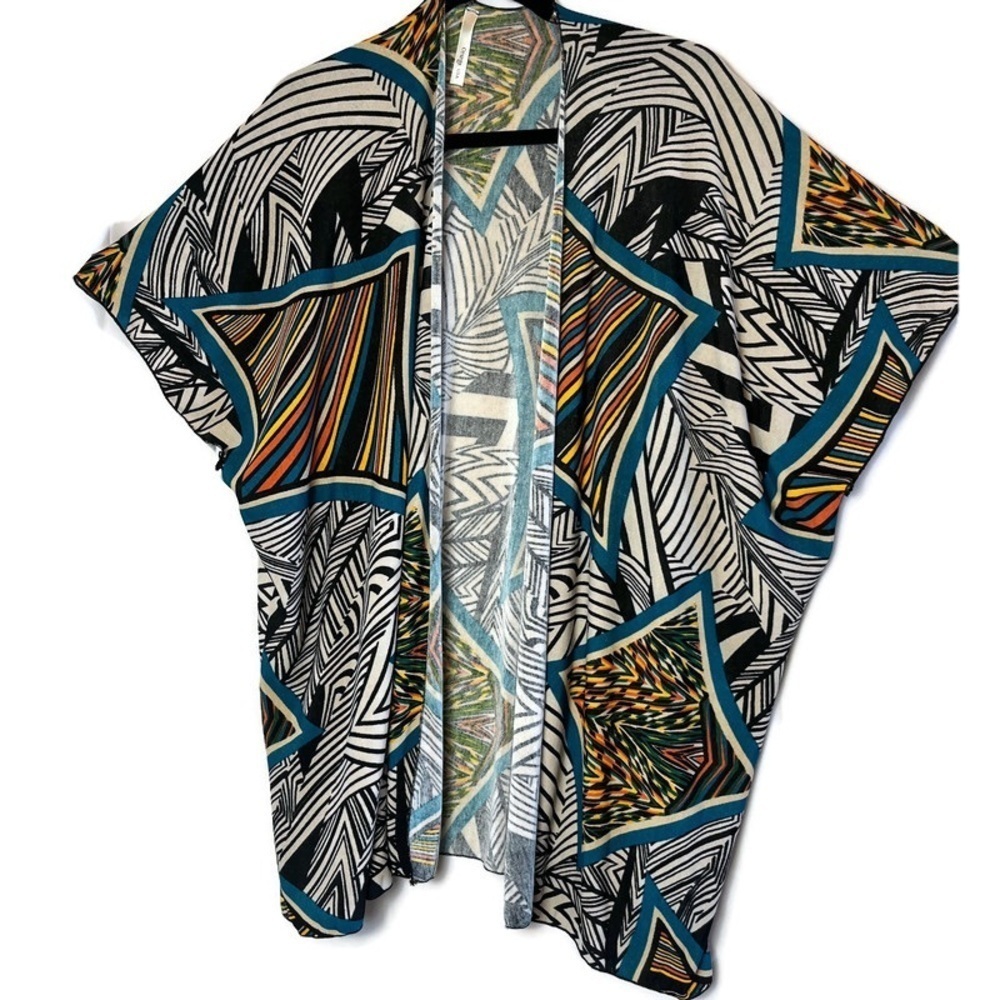 ORANGE USA Multicolor Graphic Print Knit Kimono Coverup Cardigan Sweater Size M